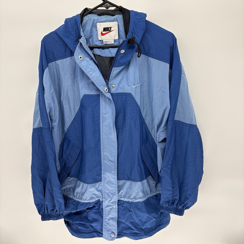 Vintage Nike Windbreaker Jacket Blue White Tag Mini Swoosh Hooded Mens M 90s
